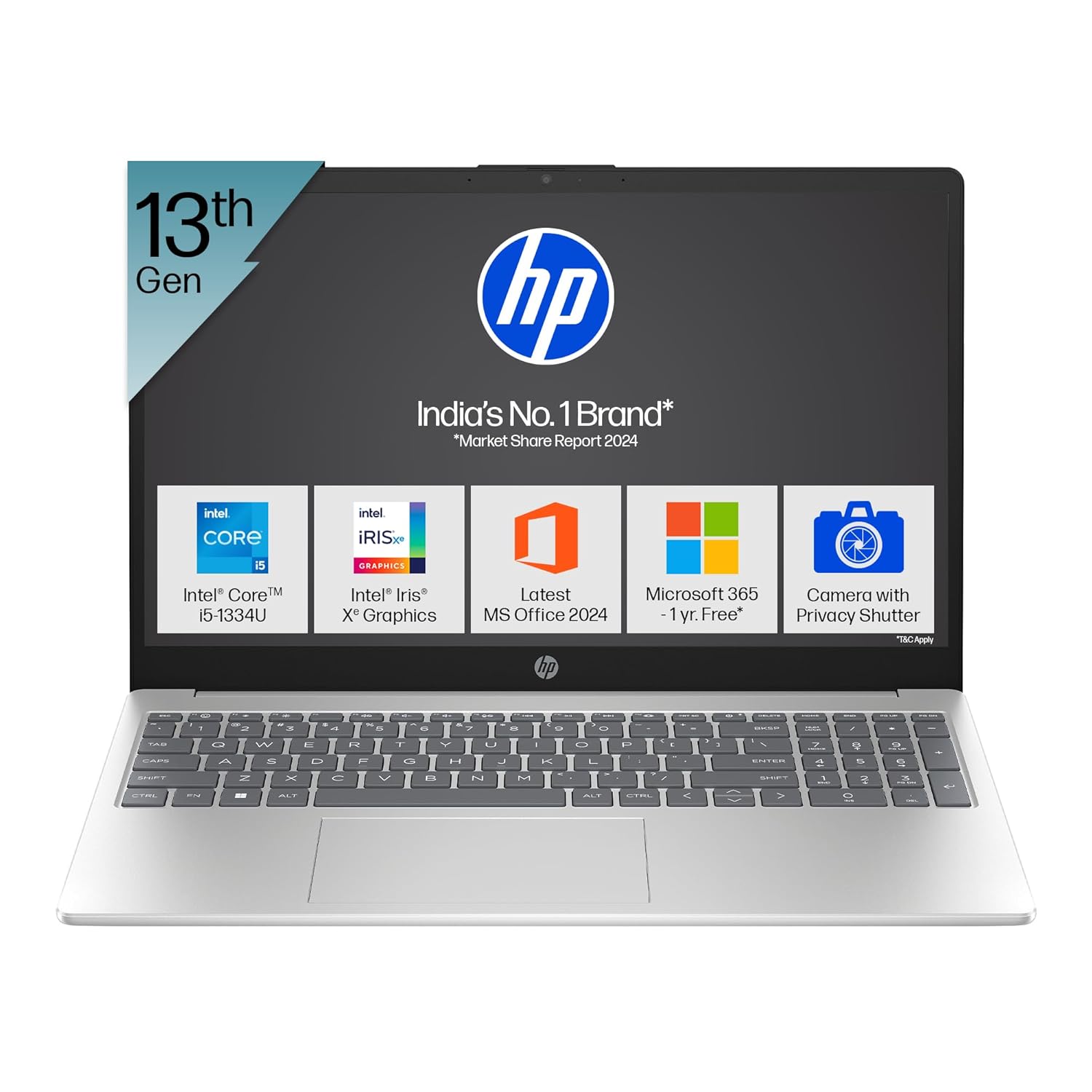 HP 15, 13th Gen Intel Core i5-1334U (16GB DDR4, 512GB SSD) Microsoft365* Office2024, Win11, 15.6inch(39.6cm) FHD Laptop, Intel Iris Xe, FHD Camera w/Privacy Shutter, Backlit, Silver, 1.59kg, fd0467tu
