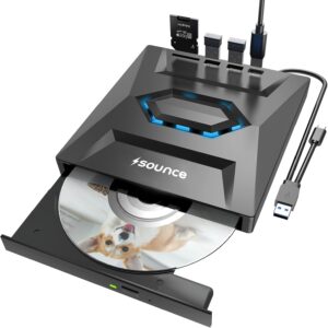 Sounce USB 3.0 & Type C External CD DVD Writer RW Optical Drive CD/DVD ROM +/-RW CD Burner Drive with SD/TF Card Reader Ports, USB 3.0 to C Hub for Laptop, PC, MacBook, Desktop, Notebook – Black