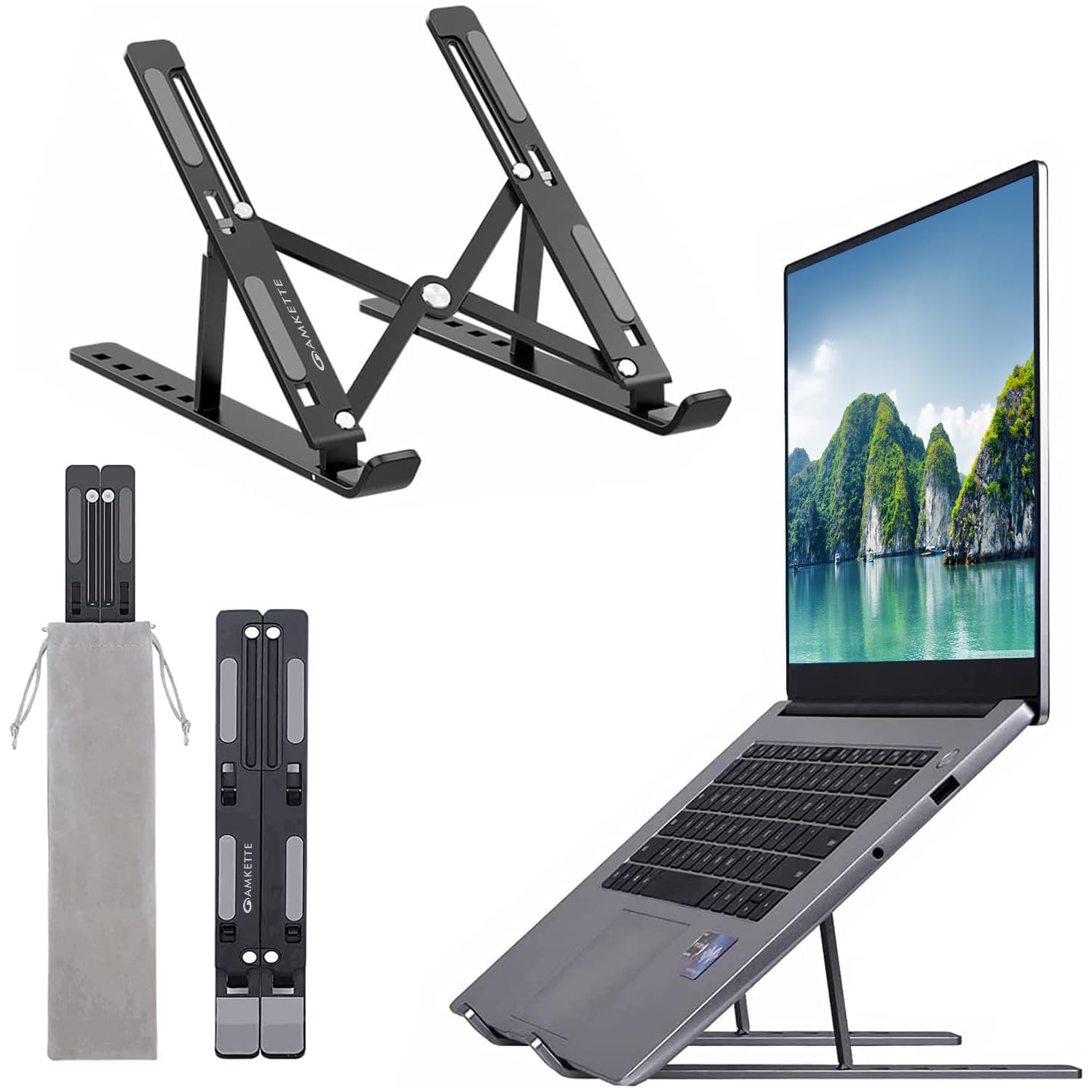 Amkette Ergo Fold X Laptop Stand Metal, 6-Level Adjustable Angles, Supports up to 15.6 inches Laptops, Premium Aluminium Build, Lightweight & Portable, Anti-Slip Silicone Pads, Smart Heat Dissipation