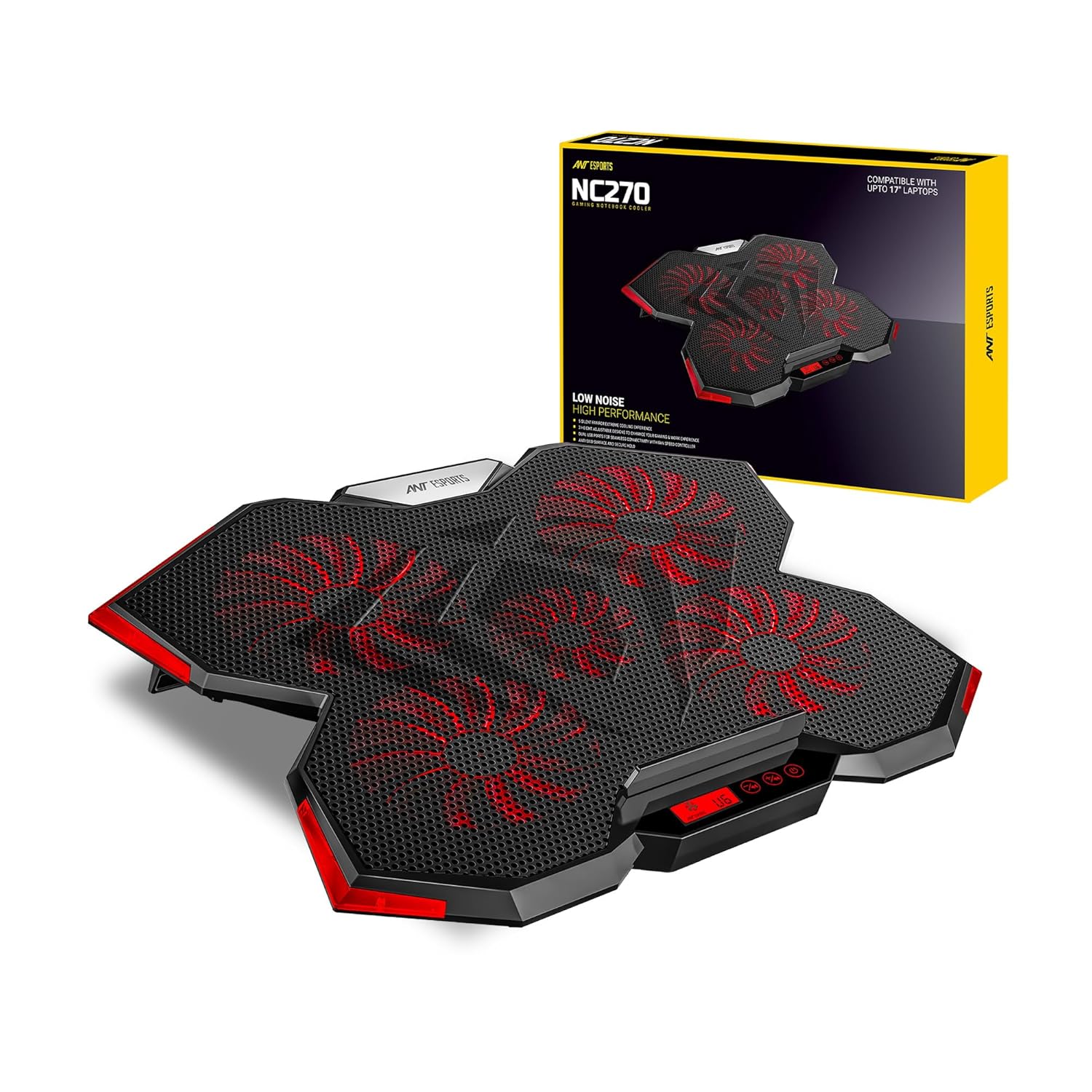 Ant Esports NC270 RGB Gaming Laptop Cooling Stand, Laptop Cooler Cooling Pad 5 Quite Fans LCD Screen 3 Adjustable Angle 2 USB Ports with Control Panel for Laptop, Notebook Upto 17”