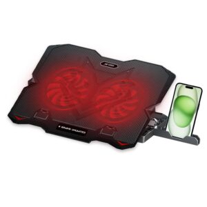 Ant Esports NC150 Ultra Slim and Sturdy Portable Laptop Cooling Pad with 2 * 1 125mm Red LED Fan, Anti Skid 5 Height Adjustable Stand, 2 USB Ports with Phone Holder- Supports 10-15.6 Inch Laptop