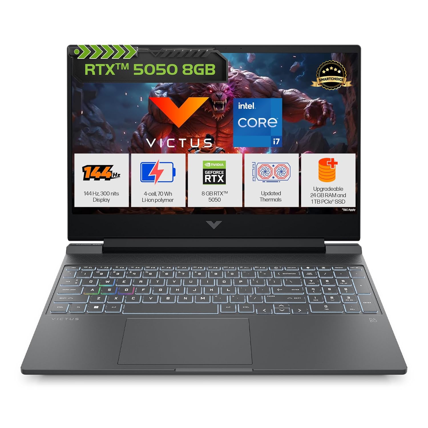HP Smartchoice Victus, 13th Gen Intel Core i7-13620H, 8GB RTX 5050, 24GB DDR5(Upgradeable) 1TB SSD, 144Hz, FHD, 15.6”/39.6cm, Win11, M365* Office24, Mica Silver, 2.29kg, fa2309TX, RGB Gaming Laptop