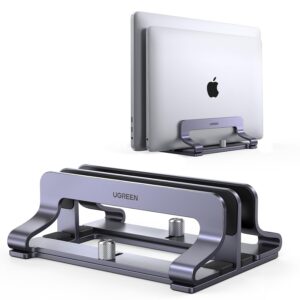 UGREEN Vertical Laptop Stand for Desk, Dual Slot Aluminum Holder, Adjustable Dock, Compatible with MacBook, Chromebook, up to 17.3 Inch, Grey