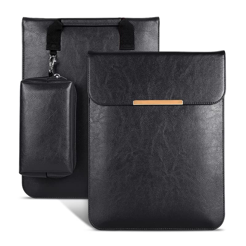 SwooK 15-16 Inch Laptop Sleeve with Handle & Pouch – Waterproof PU Leather Slim Case Compatible with MacBook Pro 16″, Dell XPS 15, Lenovo, HP, ASUS – Scratch Resistant, Velvet Lined-Black