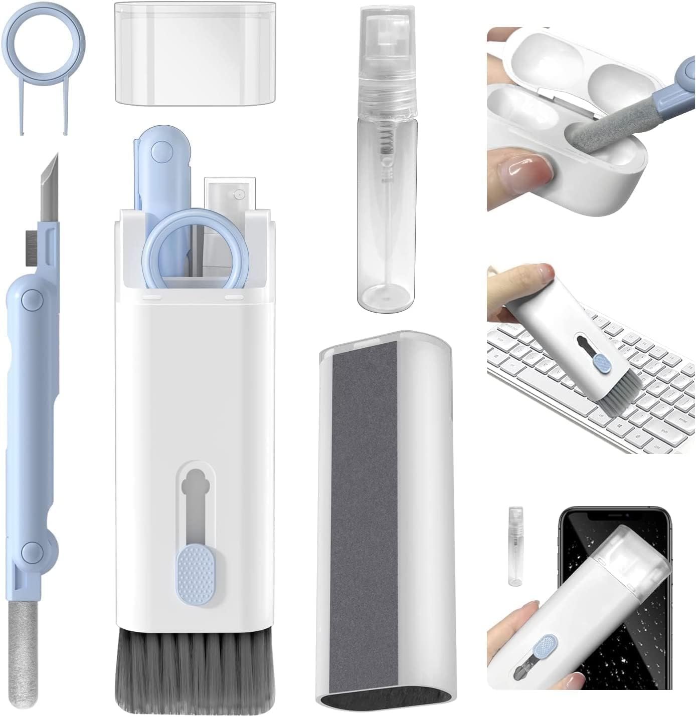 Brand Conquer 7 in 1 Multi-Function Laptop Cleaning Brush/Keyboard Cleaning kit/Gadget Cleaning kit Gap Duster Key-Cap Puller for Laptop,Monitor,Keyboard and Earphones with Spray Bottle (Blue)