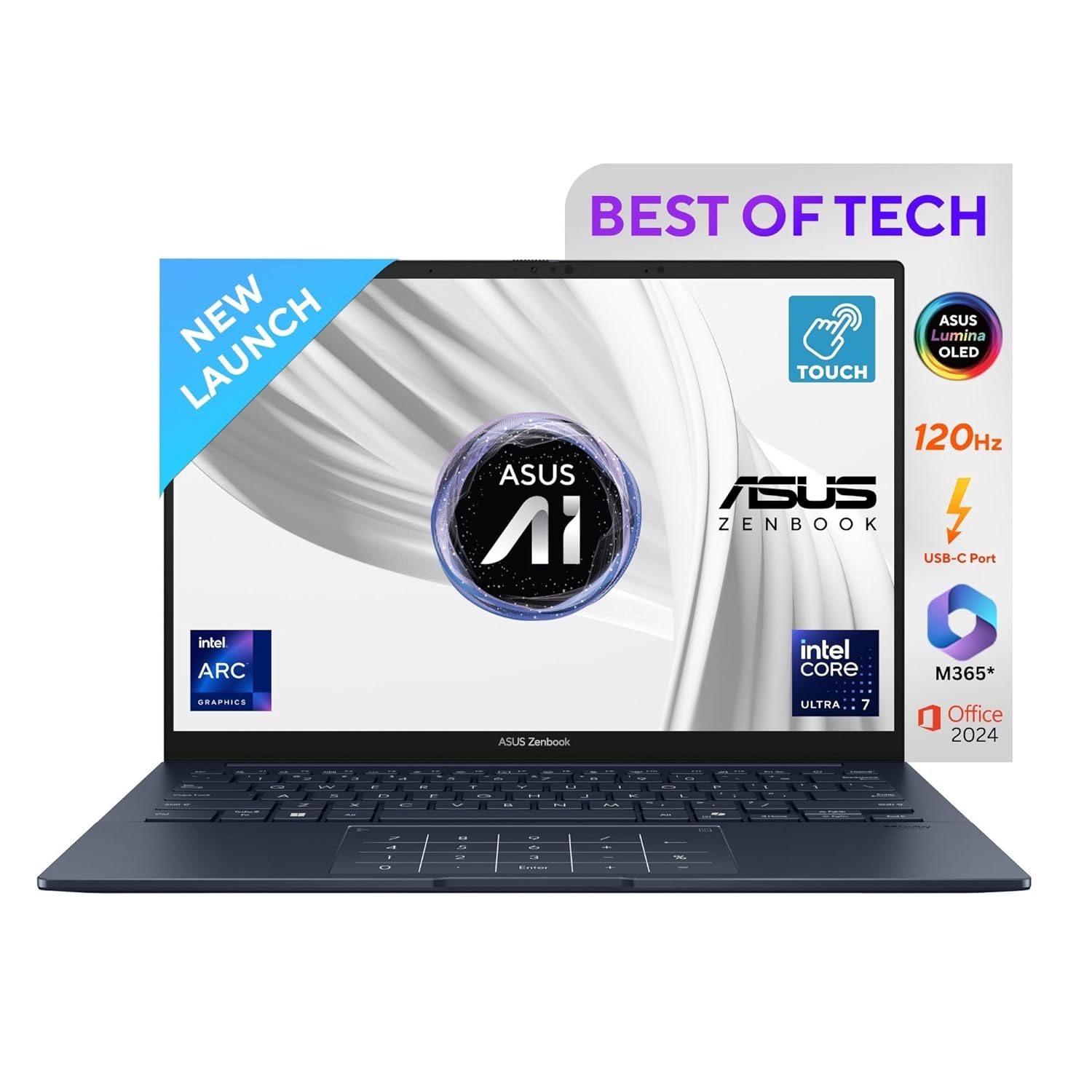 ASUS Zenbook 14,Intel Core Ultra 7 (Series 2), Intel Arc iGPU,32GB,1TB,3K OLED Touch Screen,14″,Windows 11,M365 Basic (1Year)*,Office 2024,Ponder Blue,1.28 kg UX3405CA-PZ163WS, Thin & Light Laptop