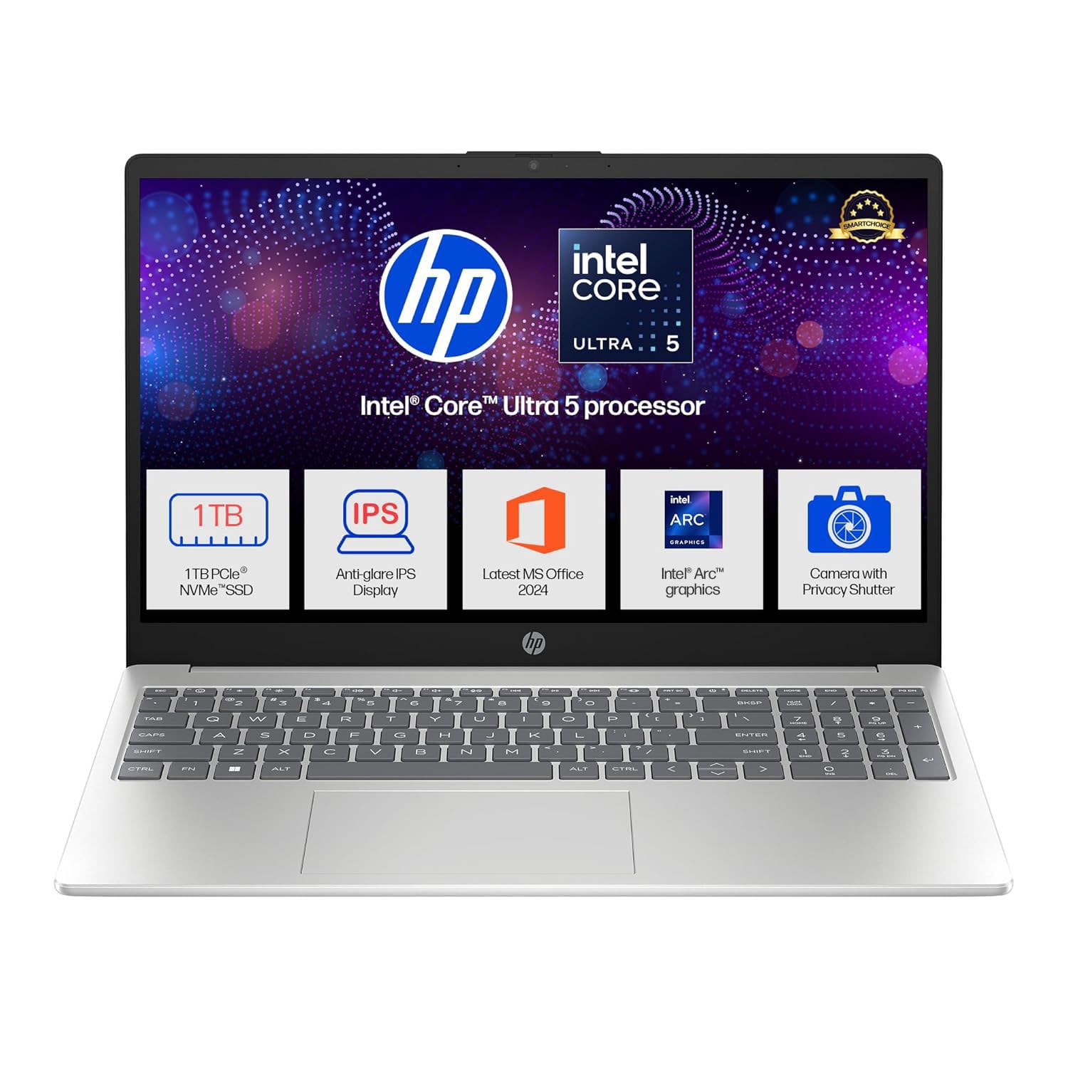 HP 15, Intel Core Ultra 5 125H (16GB DDR5, 1TB SSD) FHD, IPS, 15.6”/39.6cm, Win11, M365 Basic(1yr)*Office24, Silver, 1.65kg, fd1354TU, Intel Arc Graphics, FHD Camera w/Shutter, AI Powered Laptop