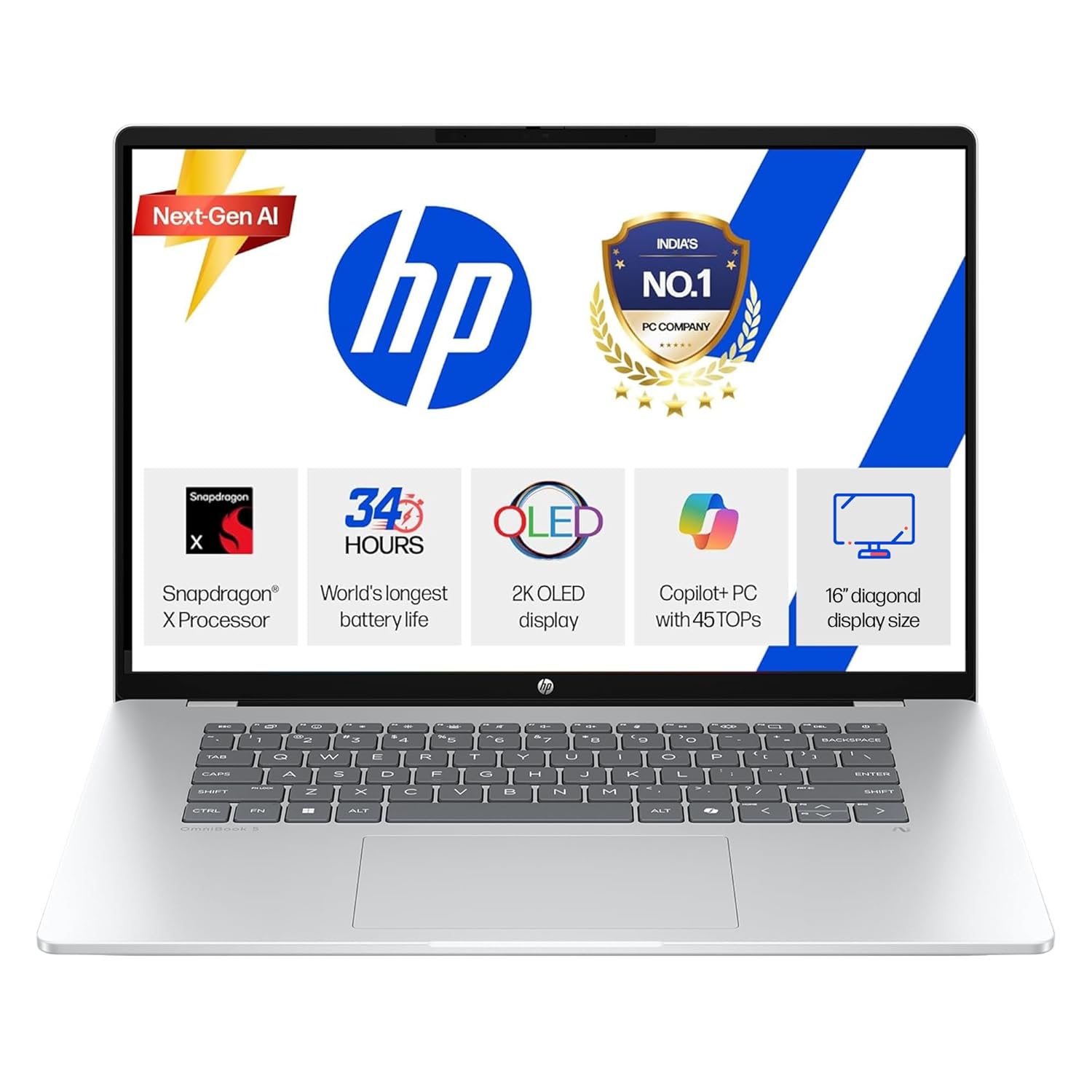HP Omnibook 5 OLED (Previously Pavilion), Snapdragon X Processor (16GB LPDDR5x,1TB SSD) 2K OLED,16”/40.6cm, Win11, M365*Office24, Glacier Silver, 1.59kg, fb0001QU, Backlit, Next-Gen AI Laptop