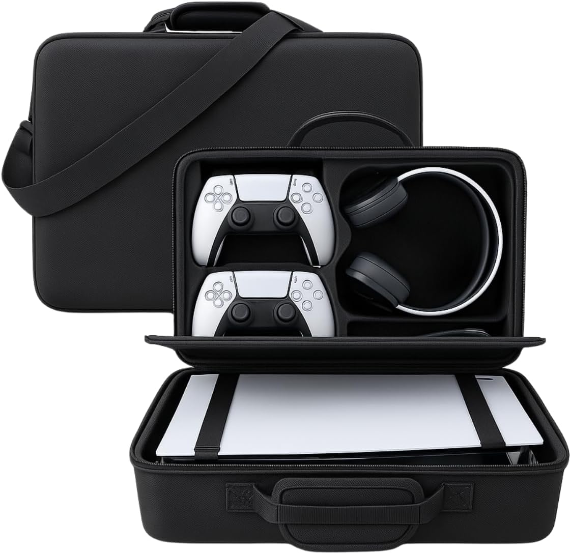 PSS Compatible with PS5 Travel Bag Briefcase Hard Shell Carrying Case for PS5 Console Protective Storage Bag Shockproof for PS5 Console/ Controller, Headset, Charging Dock, Games Accessories – Black