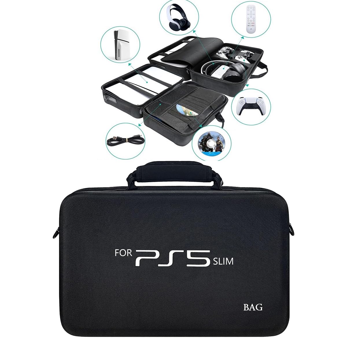 PSS Storage Bag for PS5 Slim, Hard Travel Carrying Case Compatible for PS5 Slim, Waterproof Shoulder Bag with Both Side Compartments Travel Accessories for PS5 Slim Disk/ Digital, (Black)