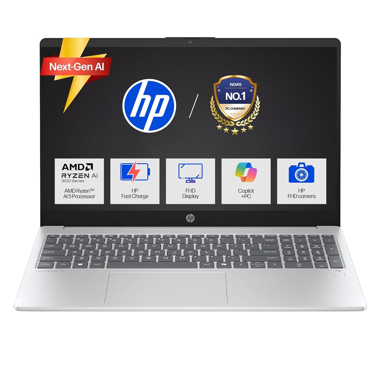 HP OmniBook 3 AMD Ryzen AI 5 340 Next Gen AI Laptop, (16GB DDR5, 512GB SSD), Anti-Glare,15.6”/39.6cm FHD, Win11,Office24, Silver,1.7kg, FHD Camera w/Privacy Shutter, fn0007AU
