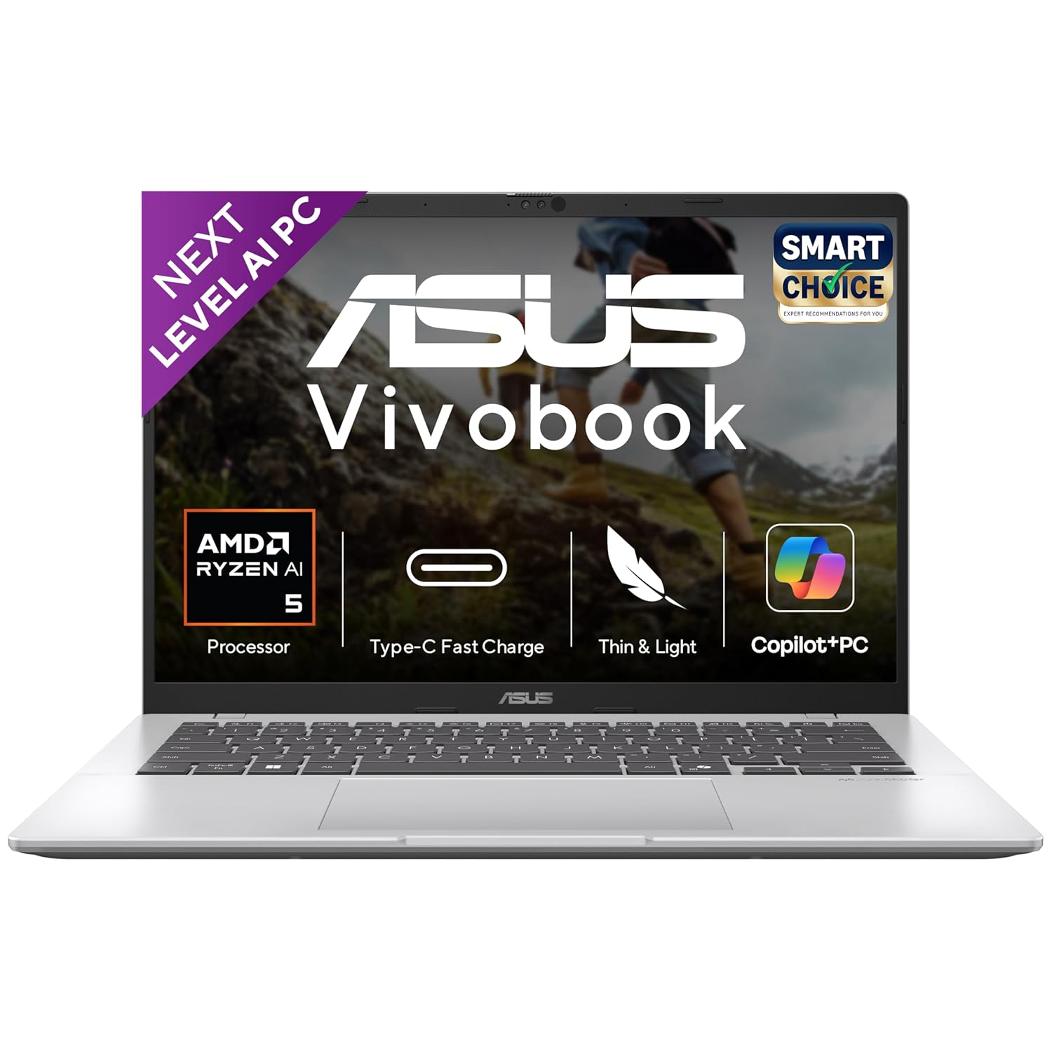 ASUS Vivobook 14,Smartchoice,AMD Ryzen AI 5 330,16GB RAM,512GB SSD, FHD+ 14″, Win11,Office24,M365 Basic (1Yr)*, Cool Silver,1.46Kg,M1407KA-LY131WS, AMD Radeon iGPU, 50 Tops,Next-Gen AI Laptop,Copilot+
