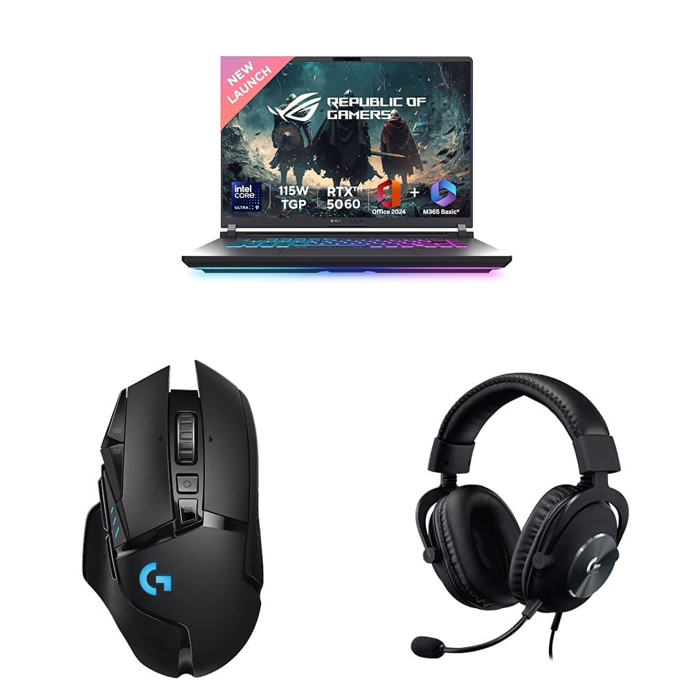 ASUS ROG Strix G16 Gaming Laptop,Intel Core Ultra 9 275HX+8GB RTX 5060,16GB RAM,1TB SSD with Logitech G502 LS Wireless Gaming Mouse, 25000DPI Programmable and Logitech GProX Wired Gaming Headset