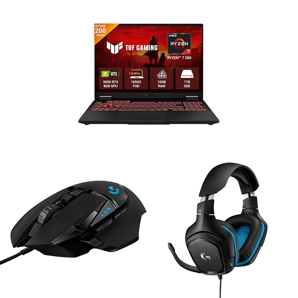 ASUS TUF A16 Gaming Laptop,AMD Ryzen 7 260+8GB RTX 5050,16GB RAM,1TB SSD with Logitech G502 Hero Gaming Mouse, Wired, 25000 DPI Programmable and Logitech G431 Wired Gaming Headset