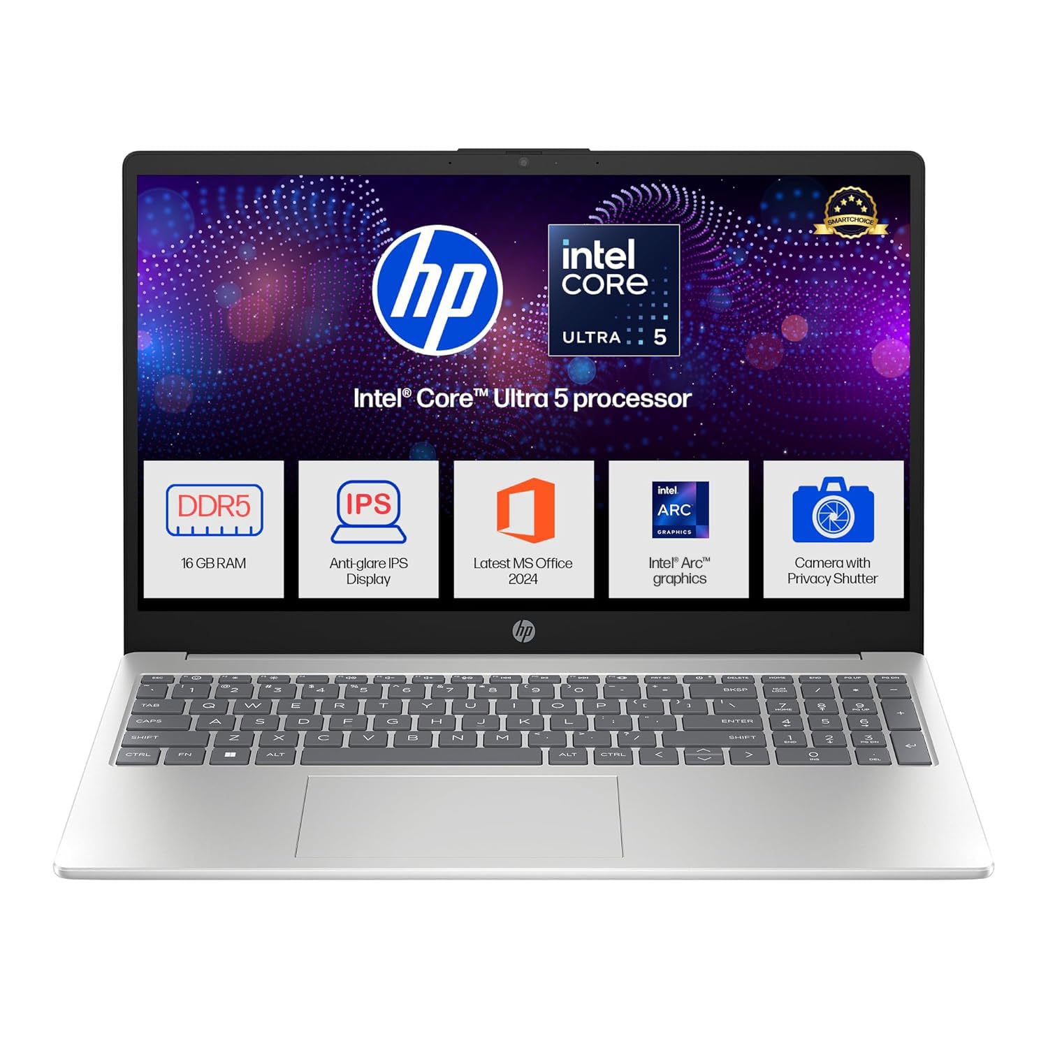 HP 15, Intel Core Ultra 5 125H, 12 Tops (16GB DDR5, 512GB SSD) FHD, IPS, 15.6”/39.6cm, Win11, M365 Basic* Office24, Silver, 1.65kg, fd1254TU, Intel Graphics, FHD Camera w/Shutter, AI Powered Laptop
