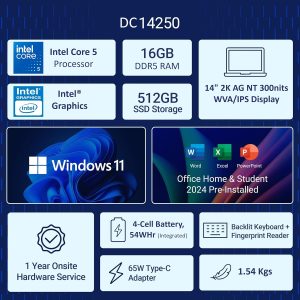 Dell 14, Intel 14th Generation Intel Core 5, (16GB DDR5, 512GB) FHD+ 14″/35.56cm 300 Nits, Backlit Keyboard + FPR, Windows 11, Microsoft Office Home 2024, Platinum Silver, 1.54Kg Thin & Light Laptop