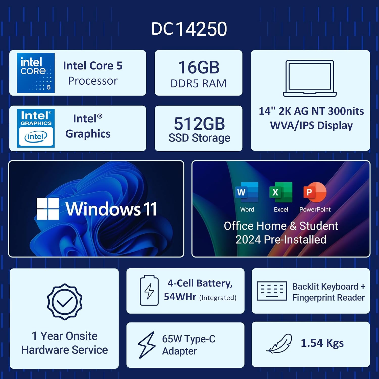 Dell 14, Intel 14th Generation Intel Core 5, (16GB DDR5, 512GB) FHD+ 14″/35.56cm 300 Nits, Backlit Keyboard + FPR, Windows 11, Microsoft Office Home 2024, Platinum Silver, 1.54Kg Thin & Light Laptop
