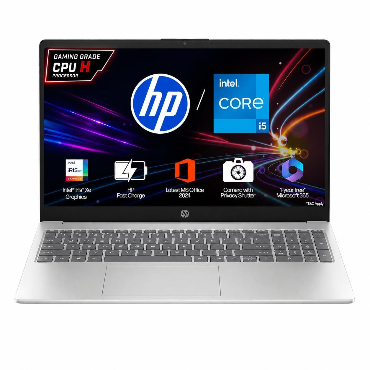 HP 15, 13th Gen Intel Core i5-13420H, (16GB DDR4, 512GB SSD), FHD, Anti-Glare, Micro-Edge, 15.6”/39.6cm, Win11, M365 Basic(1yr)* Office24, Silver, 1.65kg, FR0045TU, Camera w/Shutter, Backlit Laptop