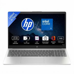 HP 15 Laptop, Intel (14th Gen) Core 5 120U (24GB DDR5, 512GB SSD), Micro-Edge, Anti-Glare, 15.6”/39.6cm, Win11, M365* Office24, Silver, 1.59kg, fd0262TU, FHD Camera, Backlit, Dual Speakers