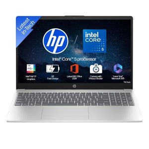 HP 15, Intel Core 5 120U (14th Gen) 16GB DDR4, 512GB SSD, FHD, Anti-Glare, Micro-Edge, 15.6”/39.6cm, Win11, M365 Basic(1yr), Office24, Silver,1.59kg, FD0640TU/682tu, FHD Camera w/Shutter, BL Laptop