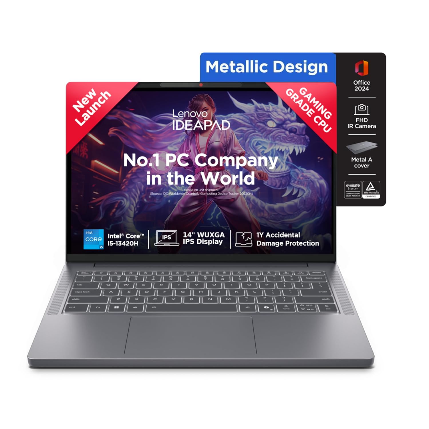 Lenovo IdeaPad Slim 3, 13th Gen Intel Core i5-13420H, 16GB RAM, 512GB SSD, WUXGA IPS, 14″/36.8cm, Windows 11, Office Home 2024, Grey, 1.4Kg, Backlit Keyboard, 1Yr ADP Free, 83K00034IN, Laptop