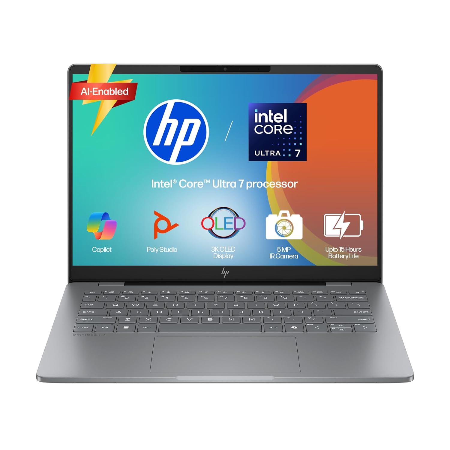 HP OmniBook 7 OLED (Previously Pavilion Plus), Intel Core Ultra 7 255H (32GB LPDDR5,1TB SSD) 3K,0.2 ms, 14”/35.6cm, Win11, M365, Office24, Meteor Silver,1.5kg, fr0116TU, 5MP Camera, Backlit AI Laptop