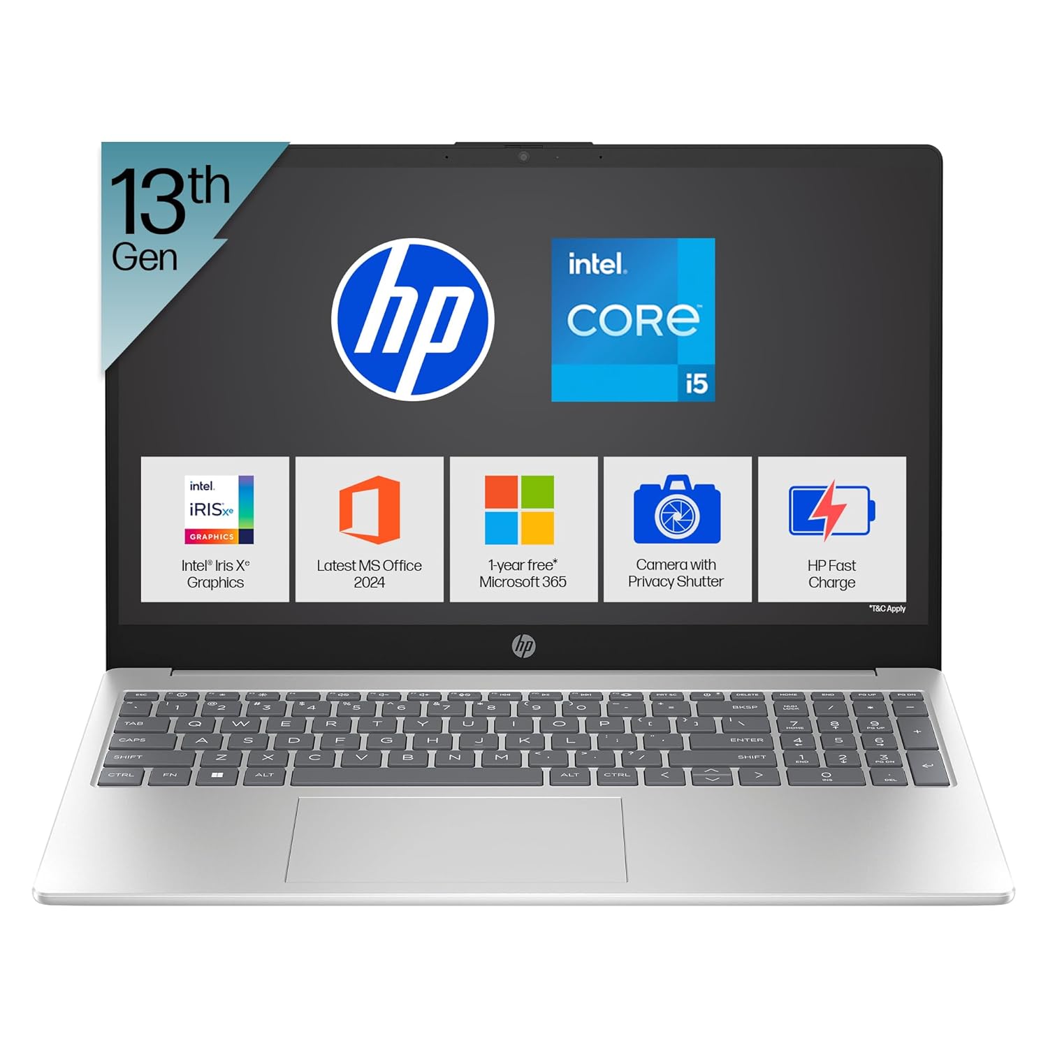 HP 15, 13th Gen Intel Core i5-1334U Laptop (12GB DDR4,512GB SSD) Anti-Glare,Micro-Edge,15.6”/39.6cm, FHD, Win11,M365,Office24, Silver,1.59kg, Iris Xe Graphics, FHD Camera w/Privacy Shutter, fd0575TU