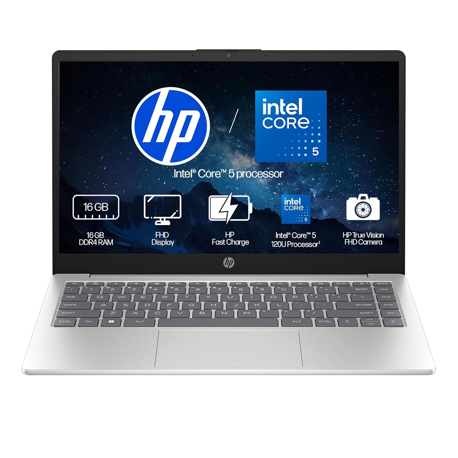 HP 14, Intel Core 5-120U (16GB DDR4, 512GB SSD), FHD, Micro -Edge, Anti-Glare, 14”/35.6cm, Win11, M365* Office24, Silver, 1.41kg, ep0385tu, FHD Camera, Iris Xe Graphics, Backlit Laptop
