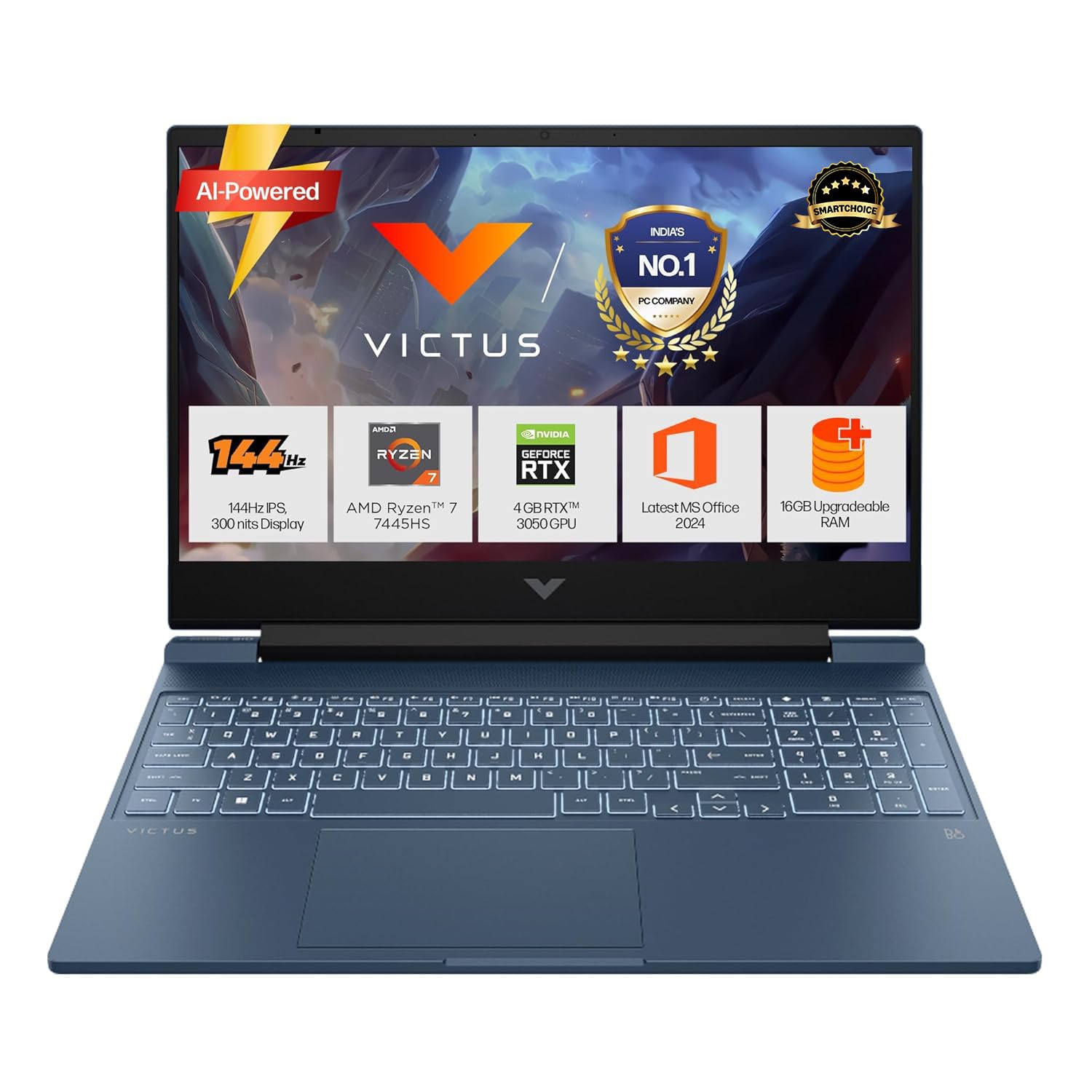 HP Smartchoice Victus, AMD Ryzen 7 7445HS, 6GB RTX 3050, 16GB DDR5(Upgradeable) 512GB SSD, FHD, 144Hz, 300 nits, 15.6”/39.6cm, Win 11, M365* Office24, Blue, 2.29kg, fb3134AX/3120ax, Gaming Laptop