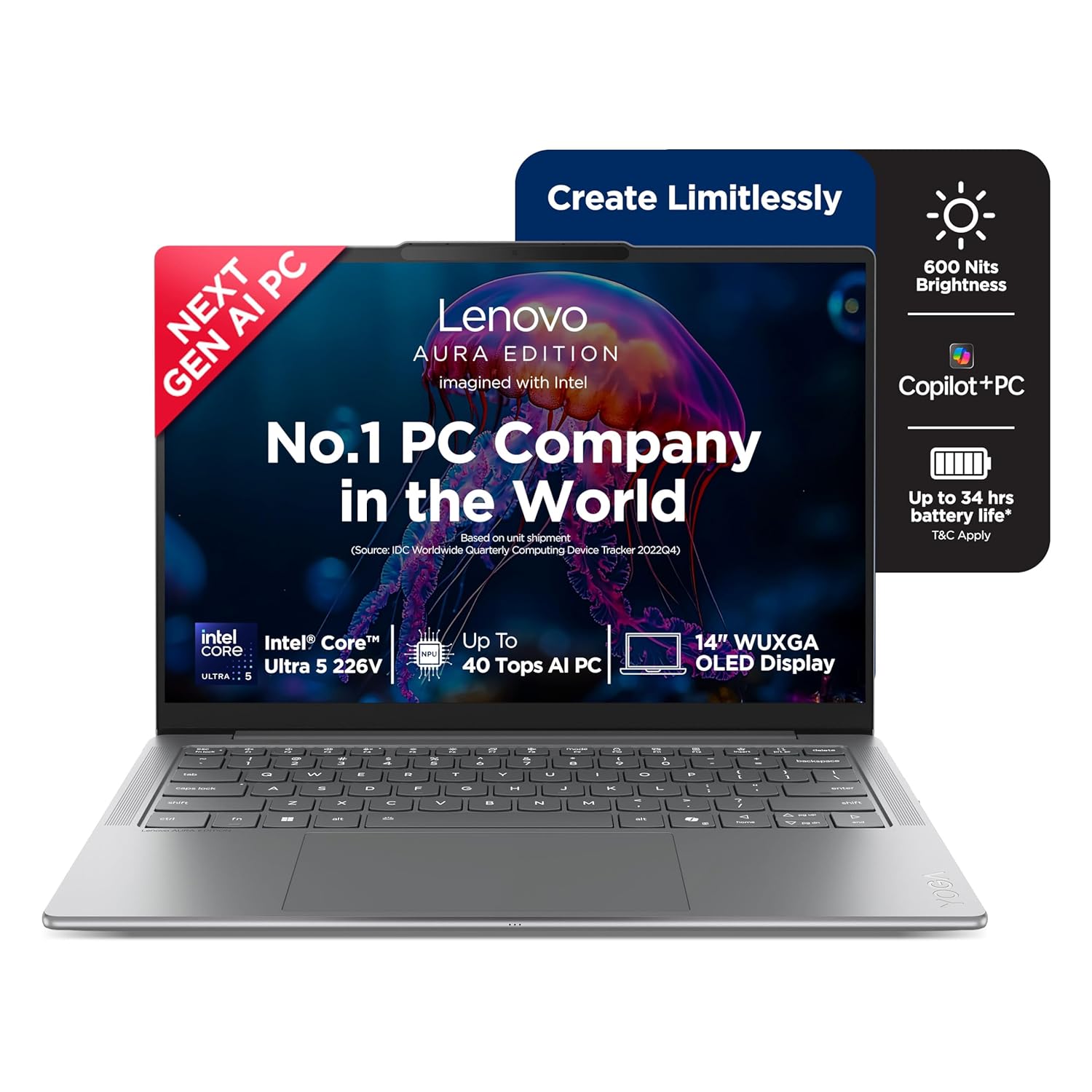 Lenovo Yoga Slim 7 Aura Edition Intel Evo Core Ultra 5 226V (16GB RAM/512GB SSD/14 (35.5cm)/WUXGA OLED/Copilot+ PC/Windows 11/MSO 365 Basic+Office 2024/1Yr ADP/Luna Grey/1.19Kg), 83JX00CSIN AI Laptop