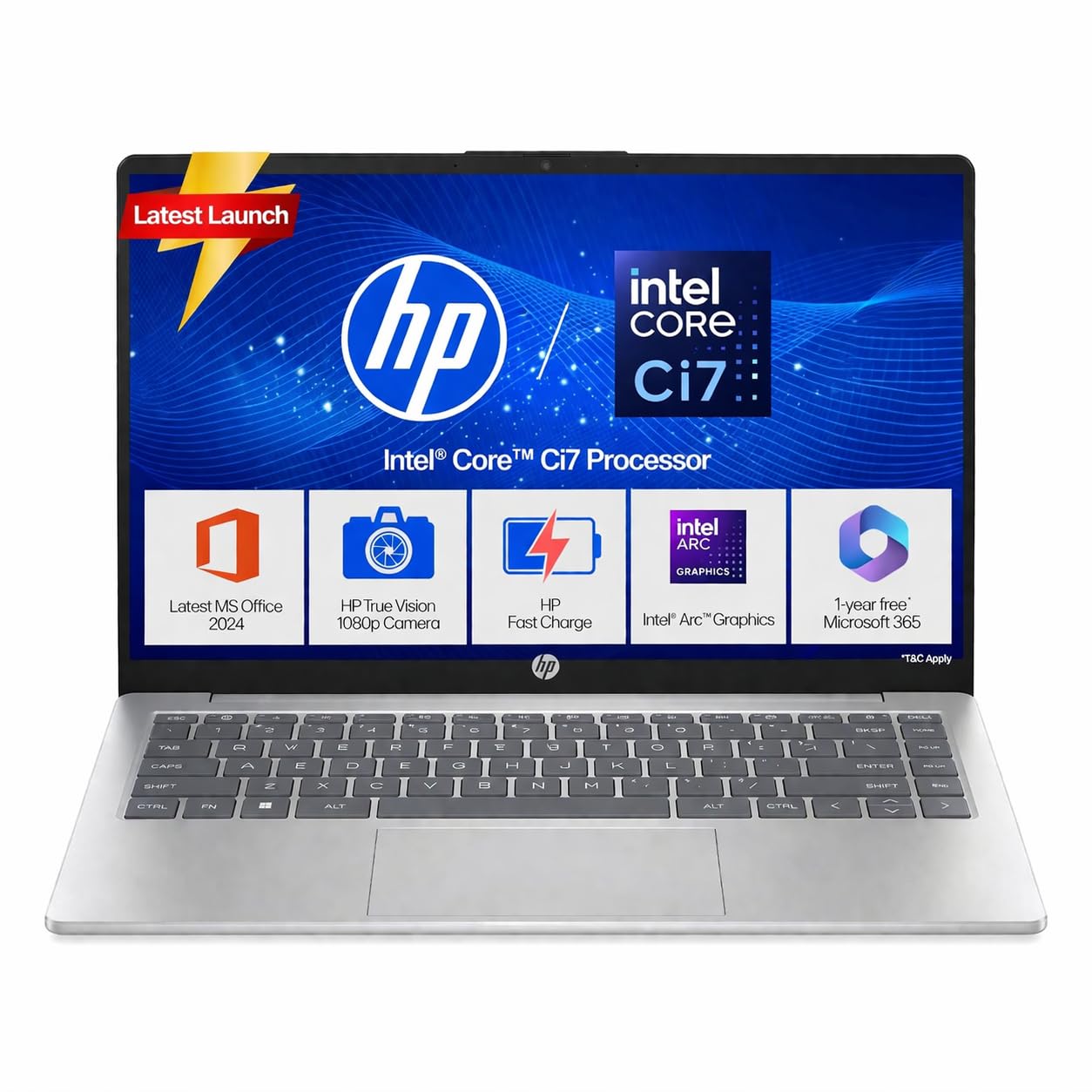 HP 14, Intel Core 13th Generation Intel Core i7-1355U (16GB DDR4, 512GB SSD), Micro-Edge, Anti-Glare, FHD, 14”/35.6cm, Win11, M365* Office24, Silver, 1.4kg, EP0159TU, FHD Camera, Backlit Laptop