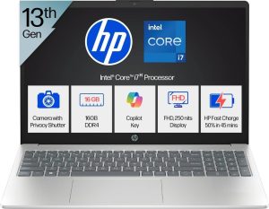 HP 15, Ci7-13620H 13th Gen Laptop (16GB DDR4, 512GB SSD) Anti-Glare, Micro-Edge, 15.6”/39.6cm, FHD, Win11, M365 Basic(1yr), Office Home24, Silver,1.65kg, FHD Camera W P. Shutter, Backlit,15-Fr0025TU
