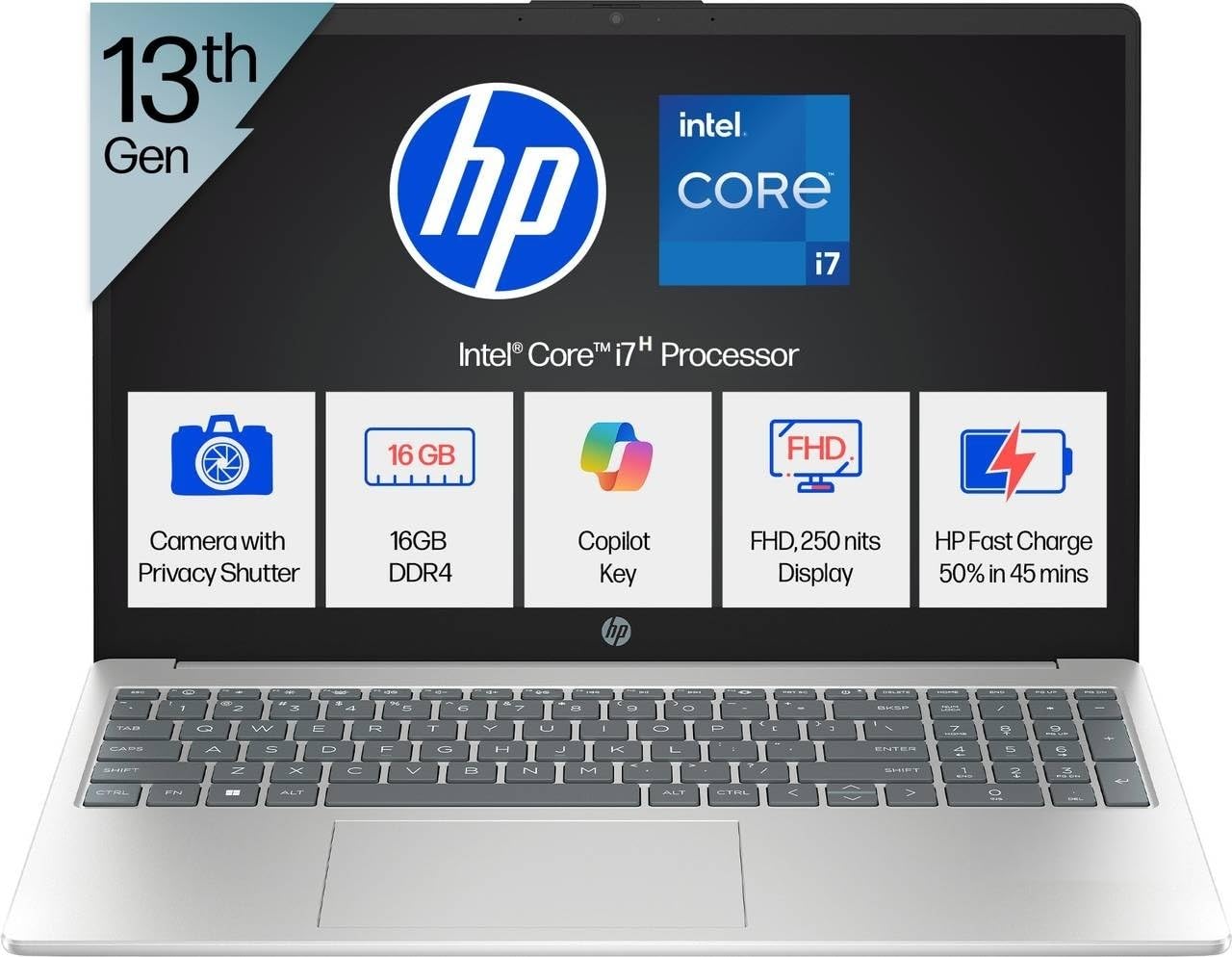 HP 15, Ci7-13620H 13th Gen Laptop (16GB DDR4, 512GB SSD) Anti-Glare, Micro-Edge, 15.6”/39.6cm, FHD, Win11, M365 Basic(1yr), Office Home24, Silver,1.65kg, FHD Camera W P. Shutter, Backlit,15-Fr0025TU