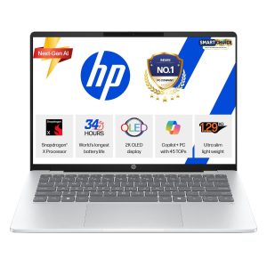 HP Smartchoice OmniBook 5 OLED (Previously Pavilion), Snapdragon X Processor 45 Tops (16GB LPDDR5x, 512GB SSD), 2K 14”/35.6cm, Win11, Office24, Silver, 1.29kg, he0014QU, Multi-Day Battery, AI Laptop
