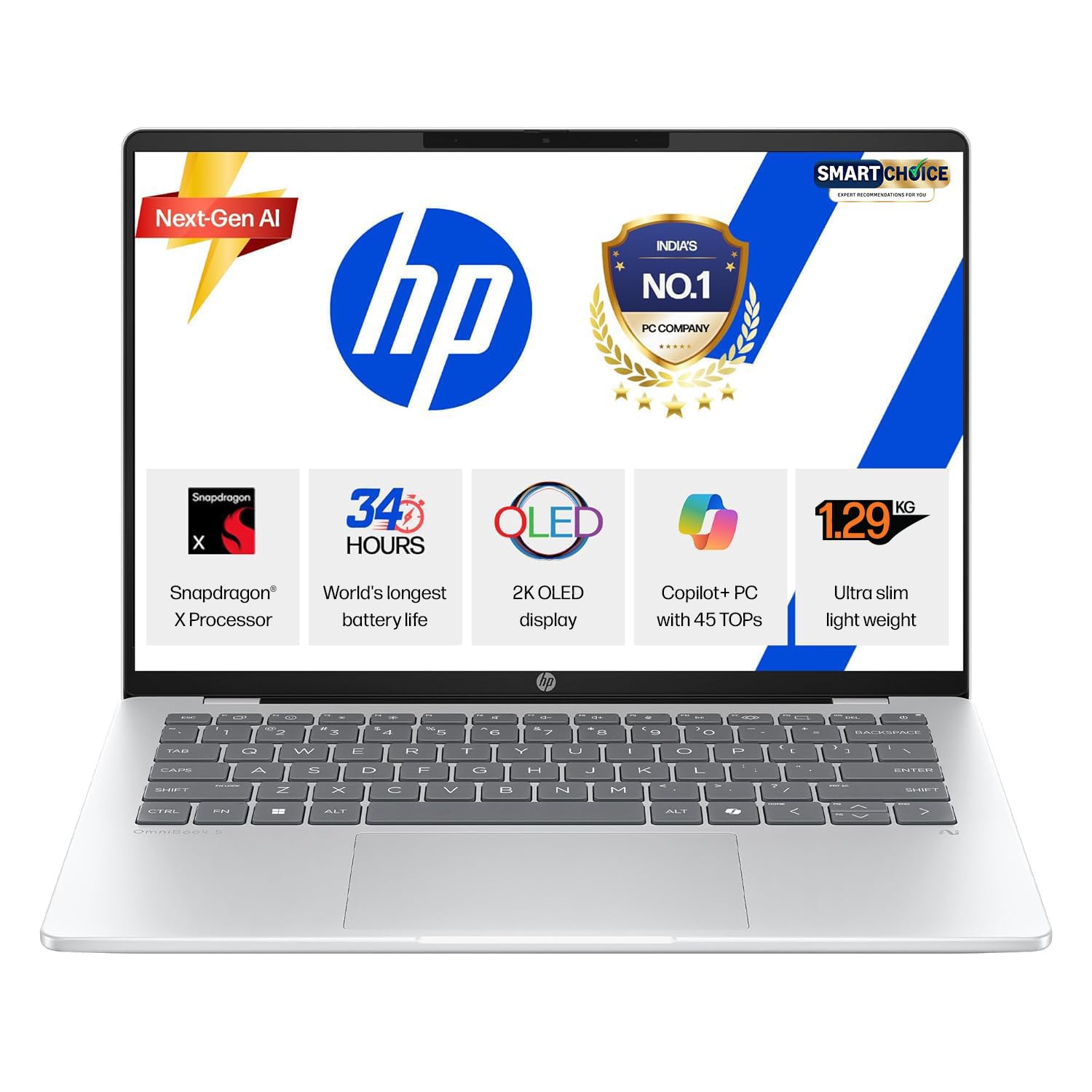 HP Smartchoice OmniBook 5 OLED (Previously Pavilion), Snapdragon X Processor 45 Tops (16GB LPDDR5x, 512GB SSD), 2K 14”/35.6cm, Win11, Office24, Silver, 1.29kg, he0014QU, Multi-Day Battery, AI Laptop