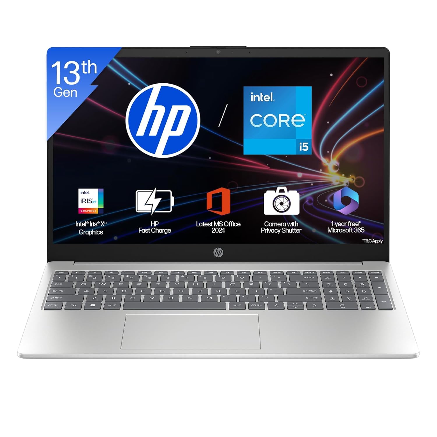 HP Laptop 15, Intel Core i5-1335U-13th Gen, (16GB DDR4,512GB SSD) Anti-Glare, Micro-Edge, FHD, 15.6”/39.6cm, Win11, M365 Basic(1yr)* Office24, Silver, 1.59kg, Iris Xe, FHD Camera w/Shutter