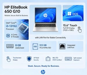 HP EliteBook 650 G10 Laptop, Intel Core i3 13th Gen, 8GB RAM(UPGRADEABLE), 512GB SSD,Free DOS, 15.6″ FHD Touch Display, Thin and Light,1.78KG,C65BSPT