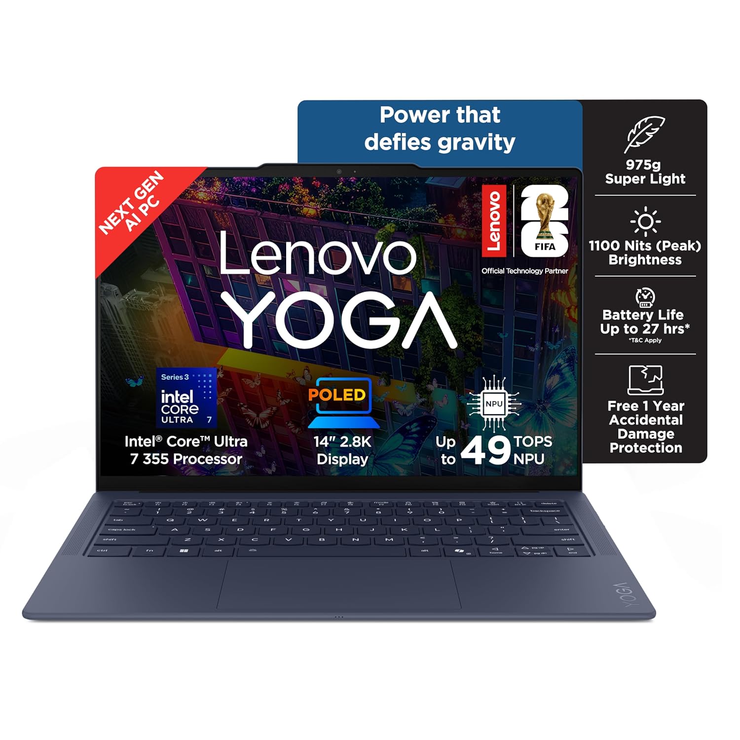 Lenovo Yoga Slim 7 FIFA World Cup 26 Edition Intel Evo Core Ultra 7 355 (32GB RAM/1TB SSD/14 (35.5cm)/2.8K WQXGA+ POLED/Copilot+ PC/Windows 11/MSO 365 Basic+Office24/Cosmic Blue/975g), 83QK007HIN